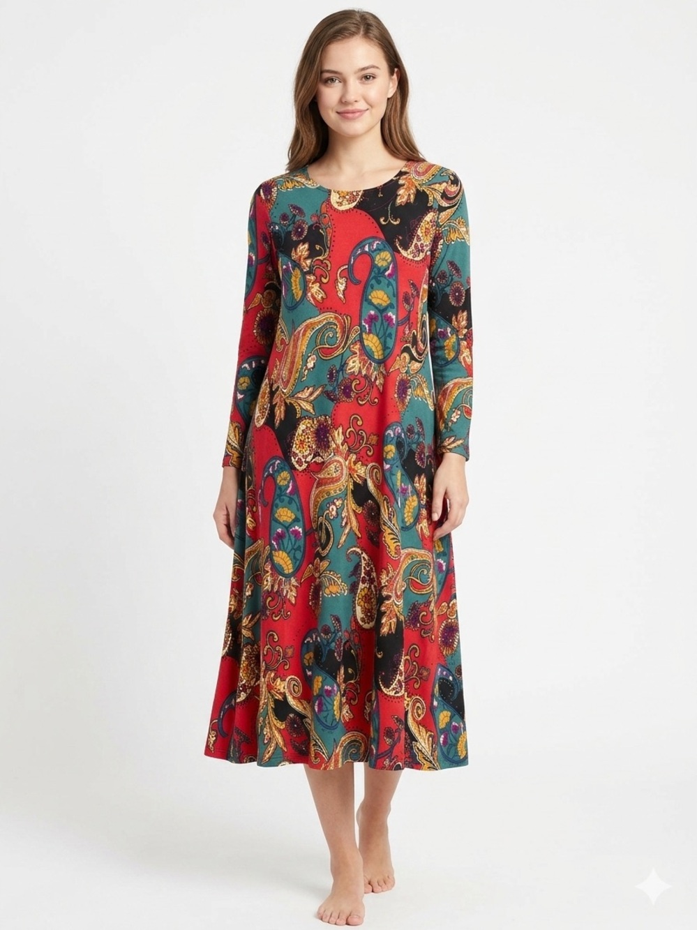Her May NWOT Paisley Print Dress Boho Long Sleeve Pockets No Stretch